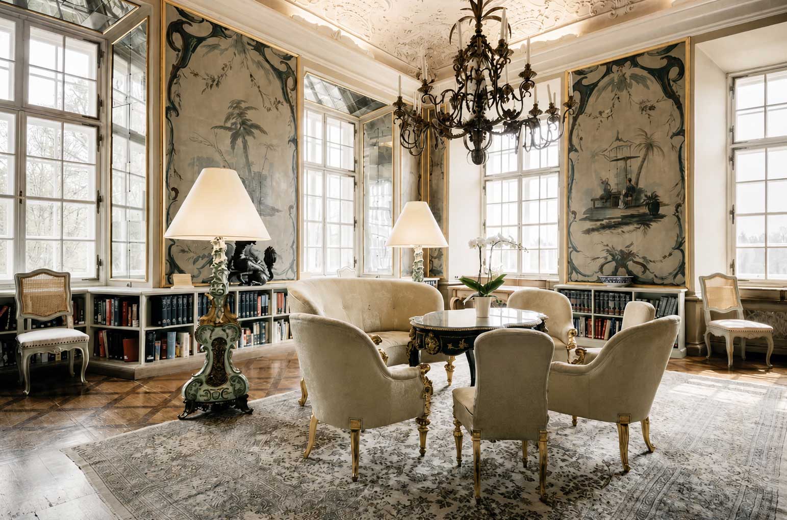 Historic interior of Leopoldskron Palace, the famous Baroque palace and The Sound of Music filming location in Salzburg.
