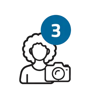 Photographer add-on icon with female figure, curly hair, and camera