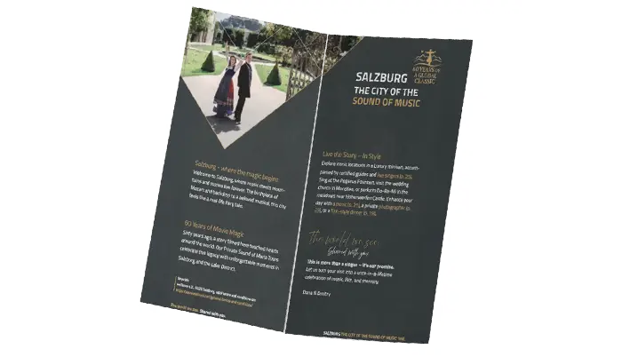 Cover of the Private Sound of Maria Tour brochure showing Salzburg landmarks, live music, and tour highlights