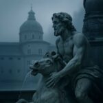 Cinematic stone fountain statue in Salzburg with historic architecture softly blurred in the background
