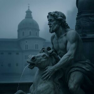 Cinematic stone fountain statue in Salzburg with historic architecture softly blurred in the background
