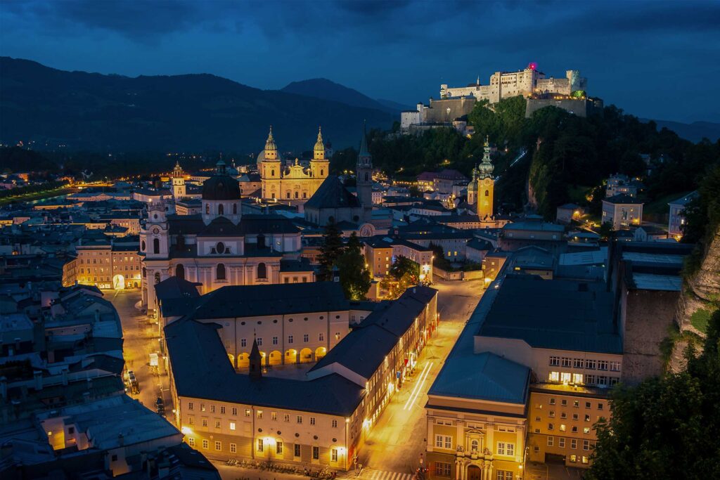 Night view of Salzburg from the Mönchsberg on the Salzburg Sunset Tour