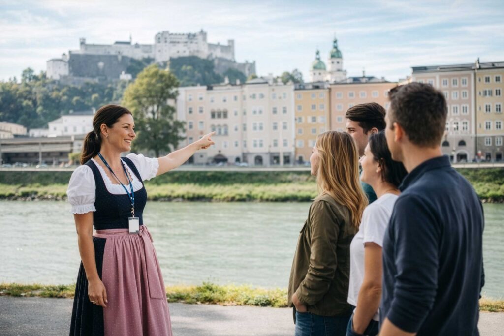 Guided walking tour along the Salzach River in Salzburg with views of Hohensalzburg Fortress, part of Maria’s Walking Tour and a Sound of Music–related experience
