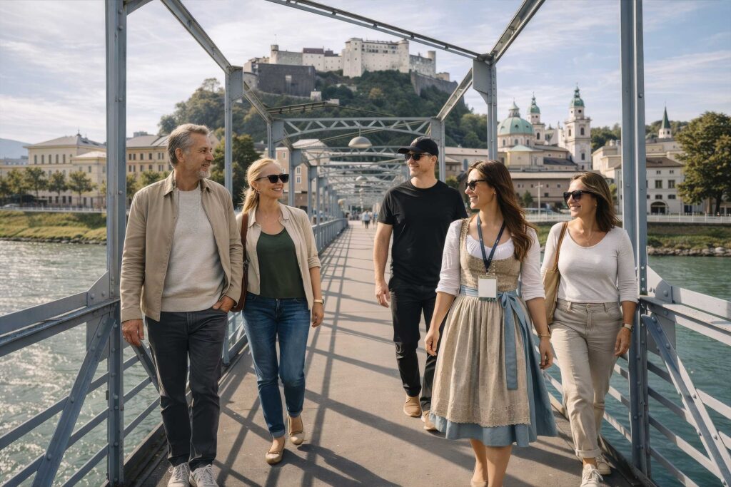 Guided group walking across a bridge in Salzburg with Hohensalzburg Fortress in the background, part of Maria’s Walking Tour and a Sound of Music–related experience