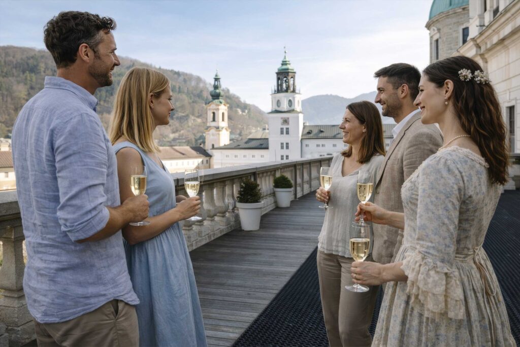 Private Mozart tour Salzburg – champagne reception at DomQuartier Salzburg terrace
