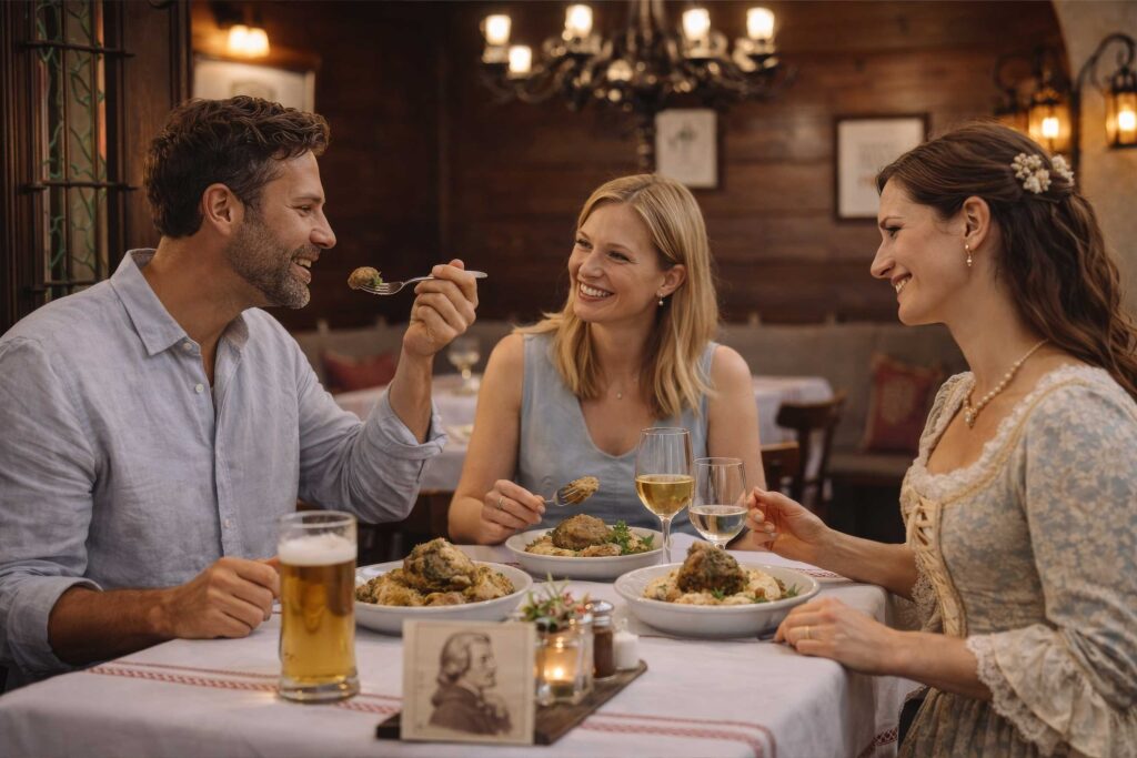 Private Mozart tour Salzburg – traditional Austrian dinner experience at Herzl Goldener Hirsch