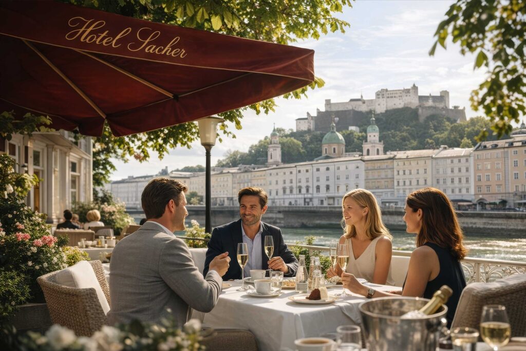 Hotel Sacher Salzburg terrace lunch guests Mozart Legacy in Salzburg