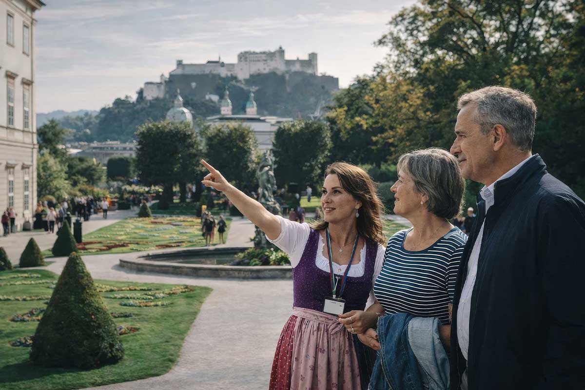 Private guided tour in Salzburg with local guide and guests in Mirabell Garden, showcasing private tours Salzburg and private sightseeing Salzburg