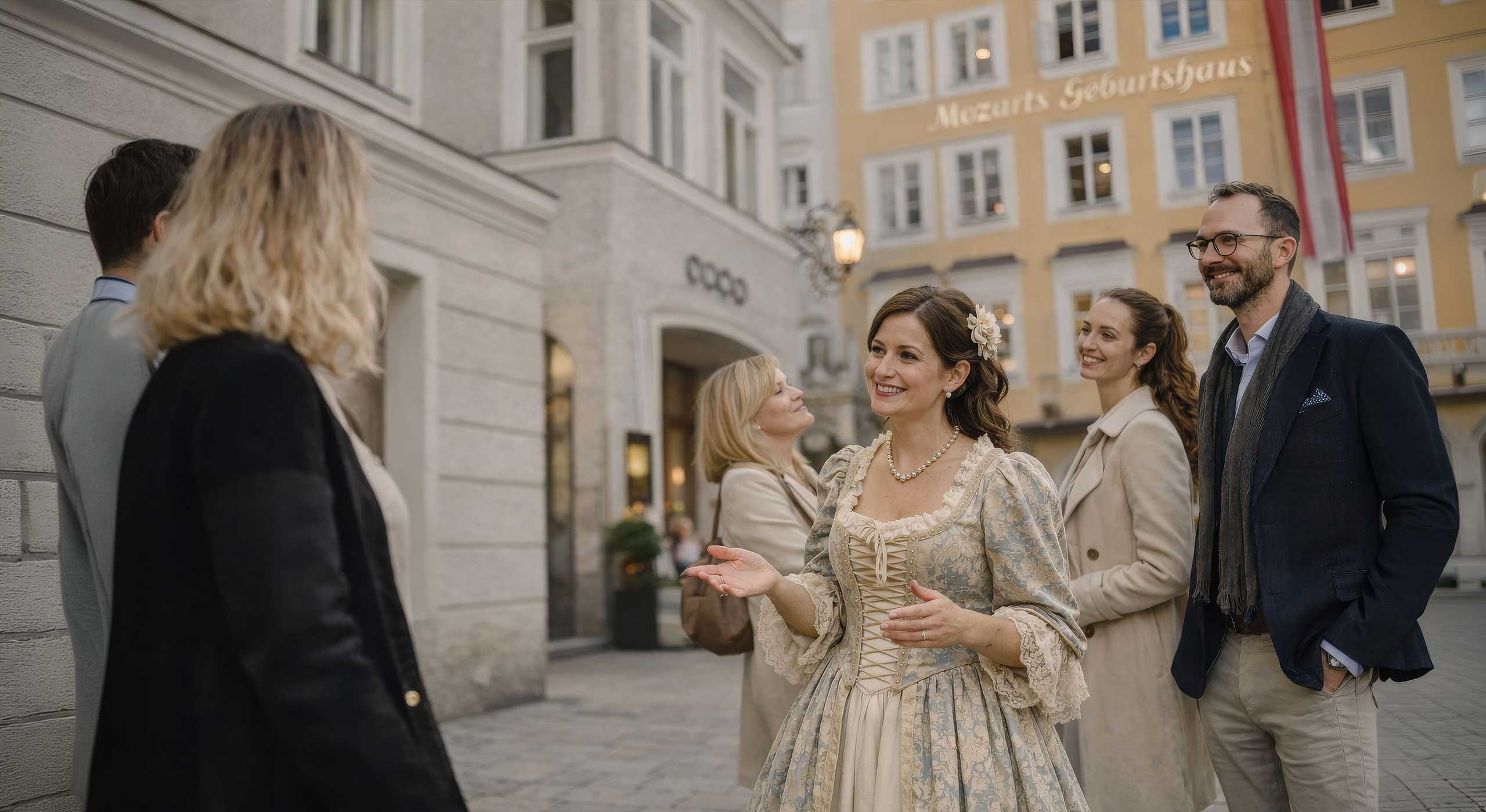 Private Mozart Tours Salzburg with guide in historical costume at Mozart’s birthplace in Getreidegasse