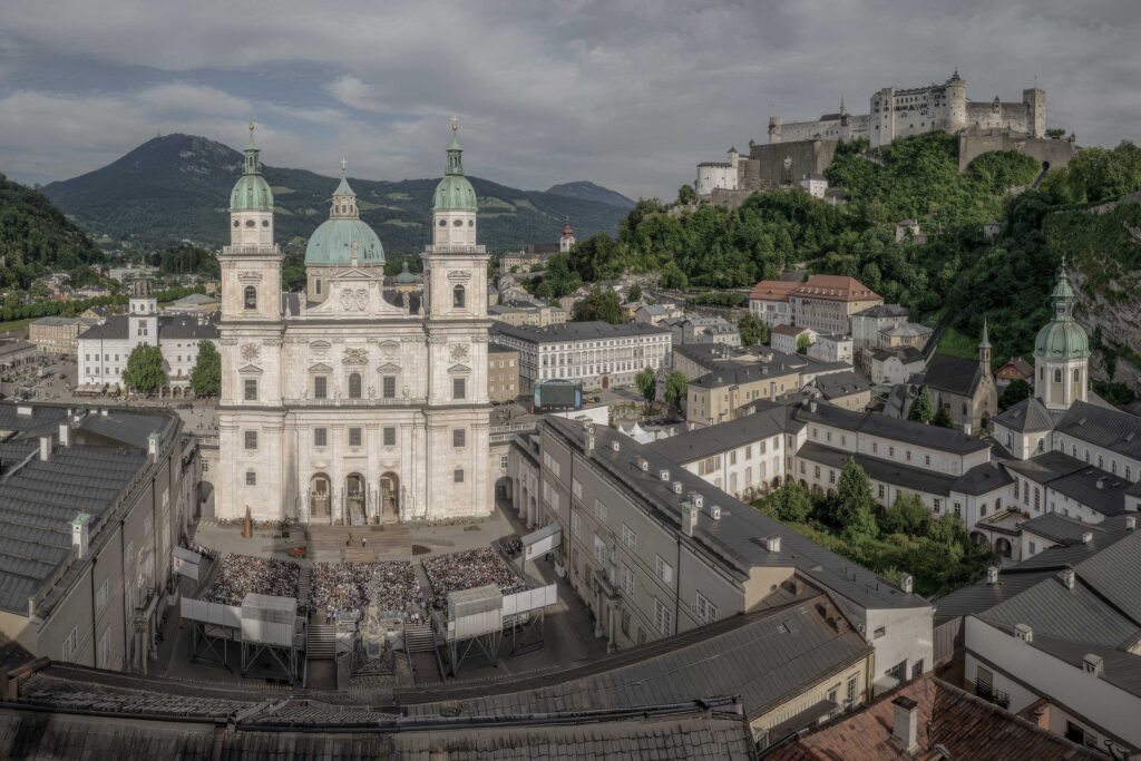 Jedermann performance Domplatz Salzburg Festival cathedral square Salzburg