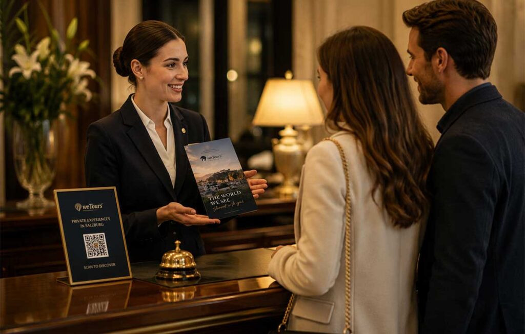Concierge recommending a private weTours Salzburg experience to hotel guests at reception