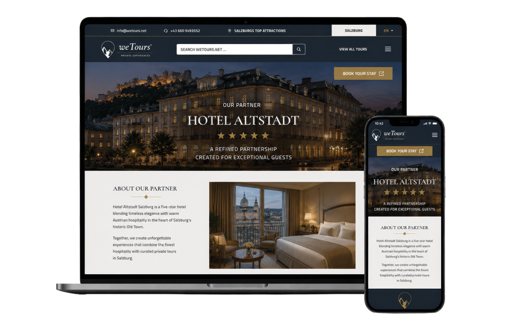 Hotel partner profile on wetours.net displayed on laptop and smartphone for increased hotel visibility in Salzburg