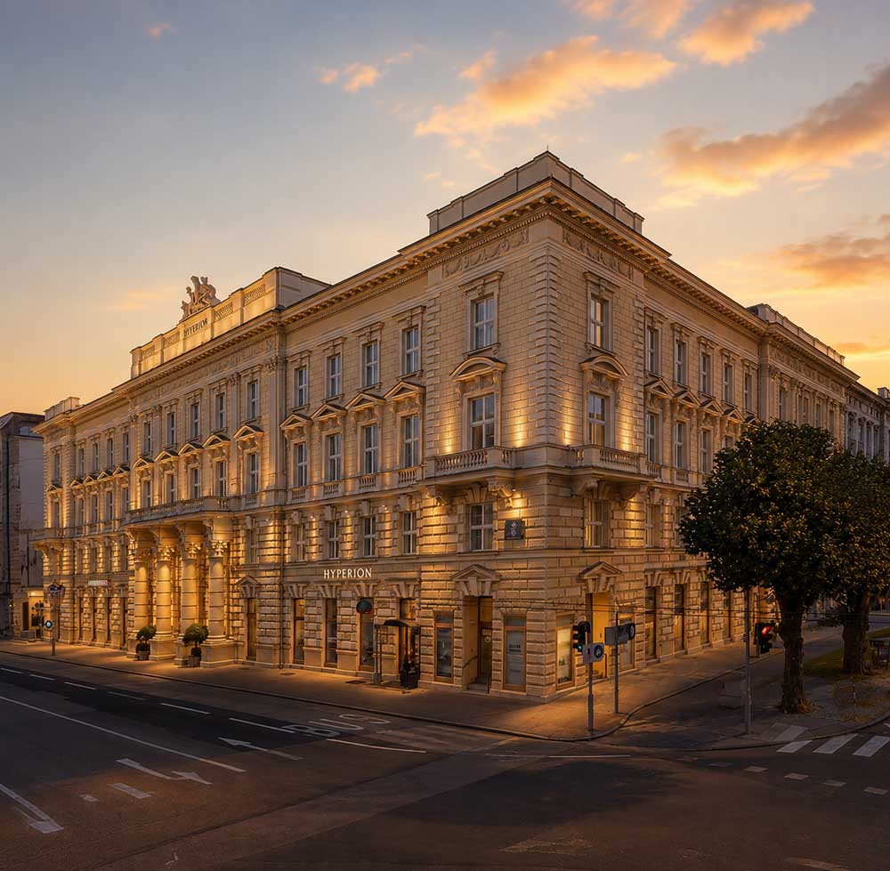 Hyperion Hotel Salzburg during golden hour, featured as a Sound of Salzburg dining partner