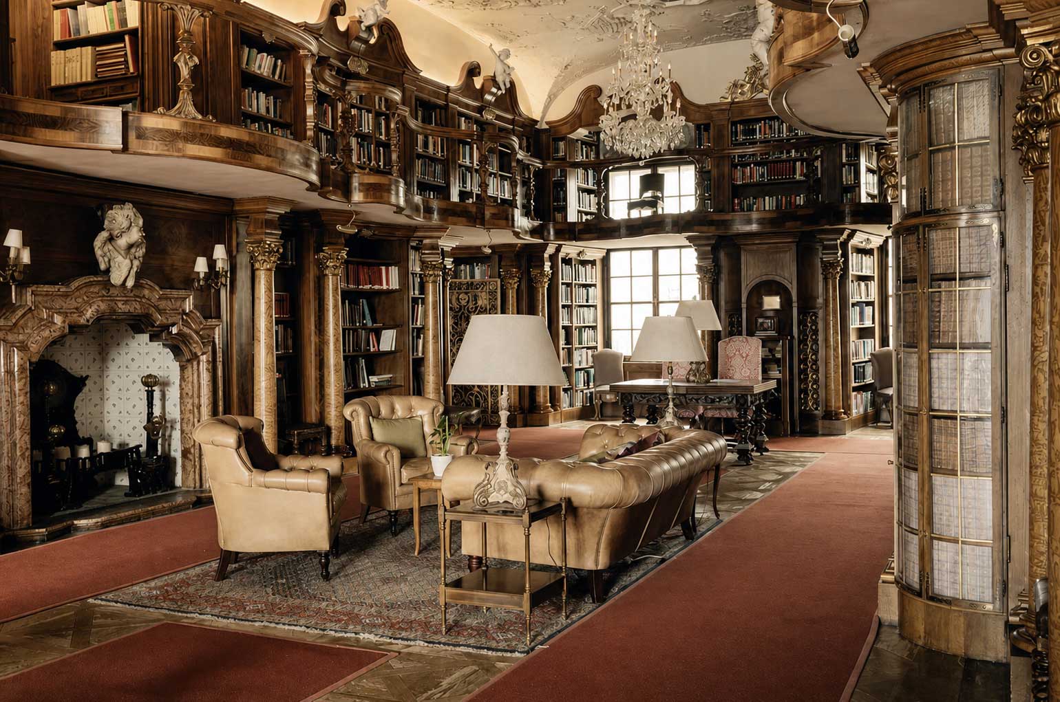 Historic library inside Leopoldskron Palace, one of Salzburg's most remarkable Baroque landmarks.
