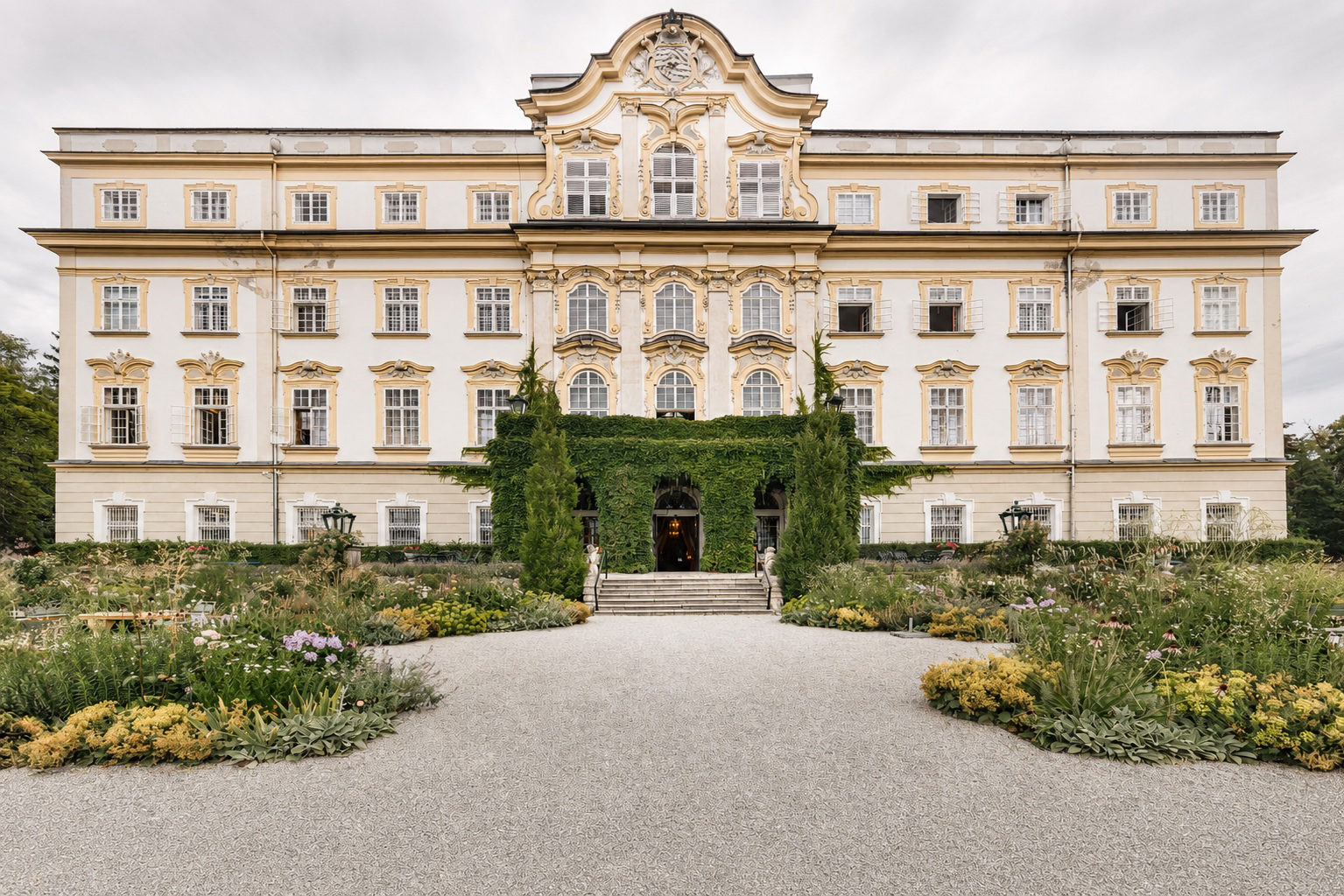 Baroque façade of Leopoldskron Palace, the famous Trapp Family Villa and The Sound of Music filming location in Salzburg.