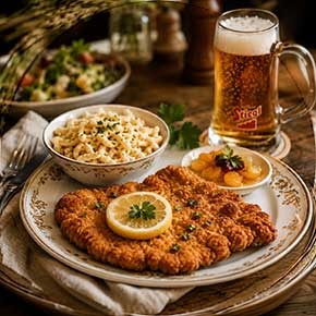 Traditional Austrian food in Salzburg with Pariser Schnitzel, Käsenudeln and beer