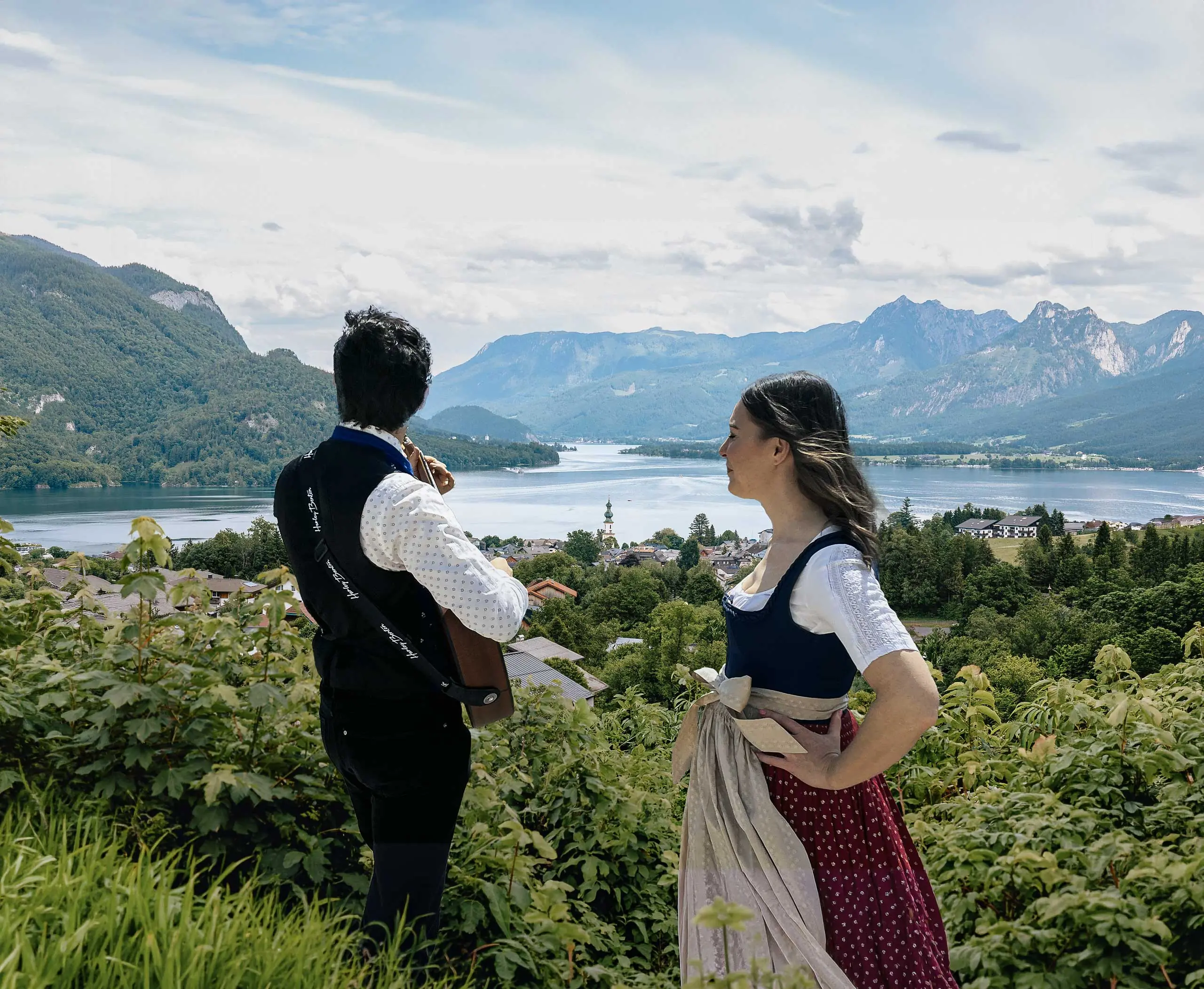 Sound of Maria musicians overlooking Wolfgangsee and the surrounding mountains